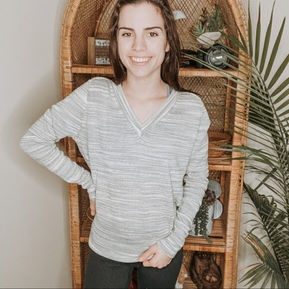 Anthropologie Moth Marled Gray V-Neck Sheer Back Sweater - Picture 2 of 5